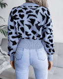 Top Sale Fashion Crewneck Leopard Women Long Sleeve Sweater Khaki Red Blue Gray S-L