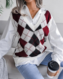 Women Rhombus V-neck College Style Sleeveless Casual Sweater Vest Khaki Pink Red Gray Blue S-L