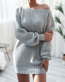 Women Solid Color Off Shoulder Slash Neck Long Sleeve Sweater Dresses White Khaki Black Blue Grey Pink S-XL