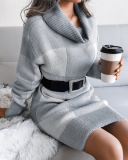 Hot Sale Women High Neck Fashion Long Sleeve Colorblock Grid Sweater Dresses Khaki Red Grey Blue S-L( No Waistband)