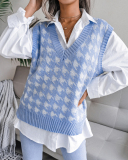 Hot Sale Casual Loose Women V-neck Houndstooth Sleeveless Sweater Vest Khaki Red Black Apricot Blue S-L