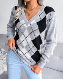 Women Casual Rhombus V-neck Long Sleeve Sweater Khaki Grey Blue S-L