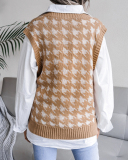 Hot Sale Casual Loose Women V-neck Houndstooth Sleeveless Sweater Vest Khaki Red Black Apricot Blue S-L