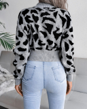 Top Sale Fashion Crewneck Leopard Women Long Sleeve Sweater Khaki Red Blue Gray S-L