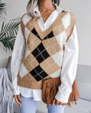 Women Rhombus V-neck College Style Sleeveless Casual Sweater Vest Khaki Pink Red Gray Blue S-L