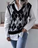 Women Rhombus V-neck College Style Sleeveless Casual Sweater Vest Khaki Pink Red Gray Blue S-L