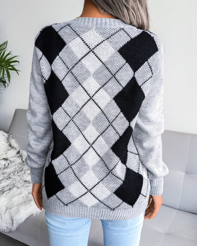 Women Casual Rhombus V-neck Long Sleeve Sweater Khaki Grey Blue S-L