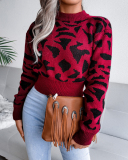 Top Sale Fashion Crewneck Leopard Women Long Sleeve Sweater Khaki Red Blue Gray S-L
