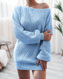 Women Solid Color Off Shoulder Slash Neck Long Sleeve Sweater Dresses White Khaki Black Blue Grey Pink S-XL