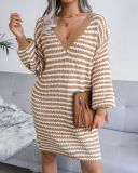 Fashion V-neck Long Sleeve Women Striped Hollow Out Mini Sweater Dresses Khaki Pink Cyan S-L