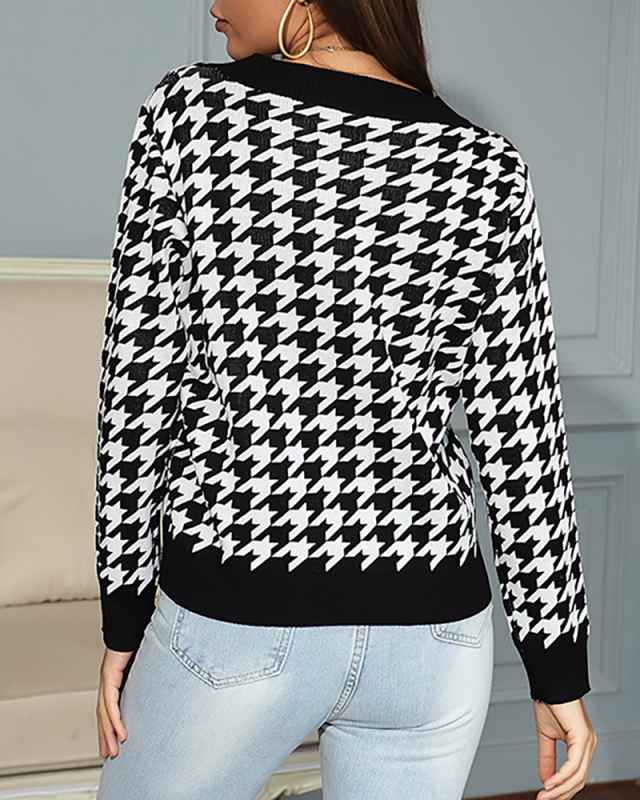 Women Fashion Long Sleeve Houndstooth V-neck Knitting Sweater Black Wine Red Coffee S-XL