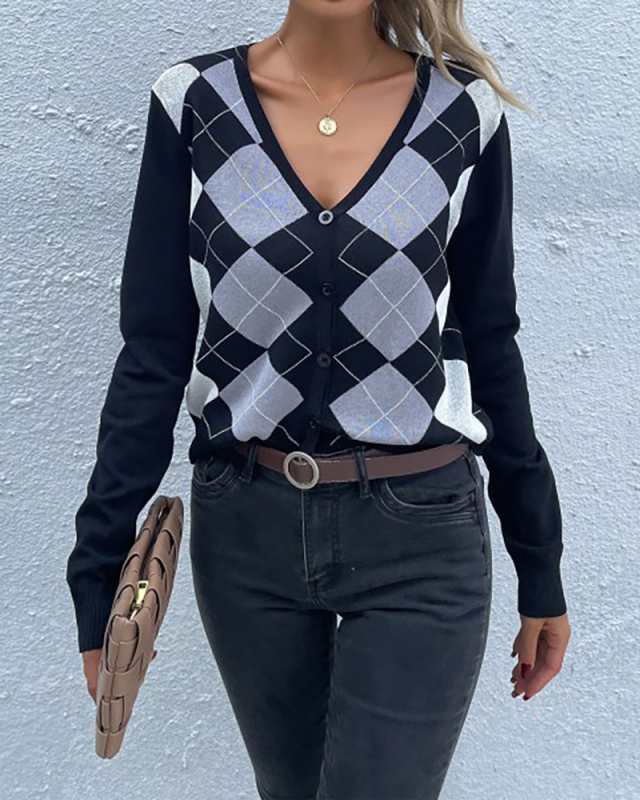 Women Long Sleeve V-neck Plaid Knitting Cardigans Black S-L