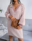 Fashion V-neck Long Sleeve Women Striped Hollow Out Mini Sweater Dresses Khaki Pink Cyan S-L