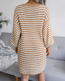 Fashion V-neck Long Sleeve Women Striped Hollow Out Mini Sweater Dresses Khaki Pink Cyan S-L