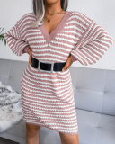 Fashion V-neck Long Sleeve Women Striped Hollow Out Mini Sweater Dresses Khaki Pink Cyan S-L
