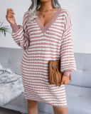 Fashion V-neck Long Sleeve Women Striped Hollow Out Mini Sweater Dresses Khaki Pink Cyan S-L