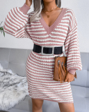 Fashion V-neck Long Sleeve Women Striped Hollow Out Mini Sweater Dresses Khaki Pink Cyan S-L