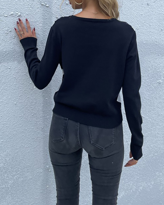 Women Long Sleeve V-neck Plaid Knitting Cardigans Black S-L