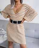 Fashion V-neck Long Sleeve Women Striped Hollow Out Mini Sweater Dresses Khaki Pink Cyan S-L