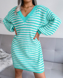 Fashion V-neck Long Sleeve Women Striped Hollow Out Mini Sweater Dresses Khaki Pink Cyan S-L