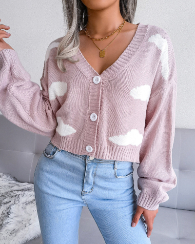 Women Fall&Winter Long Sleeve Clouds Printed Knitting Cardigans Pink Green Blue S-L