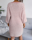 Fashion V-neck Long Sleeve Women Striped Hollow Out Mini Sweater Dresses Khaki Pink Cyan S-L