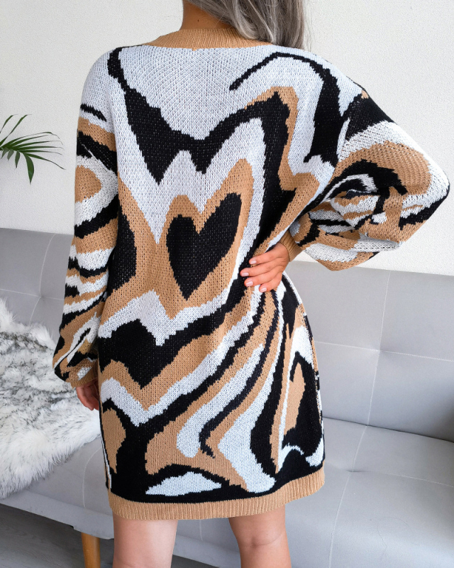 Women Crewneck Long Sleeve Heart Printed Mini Sweater Dresses Brown Khaki Black S-L