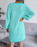 Fashion V-neck Long Sleeve Women Striped Hollow Out Mini Sweater Dresses Khaki Pink Cyan S-L