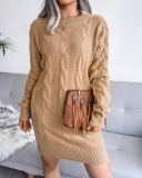 Hot Sale Autumn New Twist Long Sleeve Solid Color Women Sweater Dresses Khaki Grey White S-L