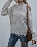 Women Long Sleeve High Neck Hollow Out Shoulder Fashion Knitting Sweater Black Beige Wine Red Deep Grey S-L