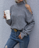 Women Long Sleeve High Neck Hollow Out Shoulder Fashion Knitting Sweater Black Beige Wine Red Deep Grey S-L