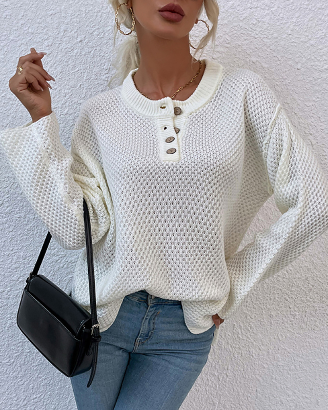 Women Solid Color O-Neck Long Sleeve Split Top Sweater Pink Gray Black Khaki White Red Green S-XL 