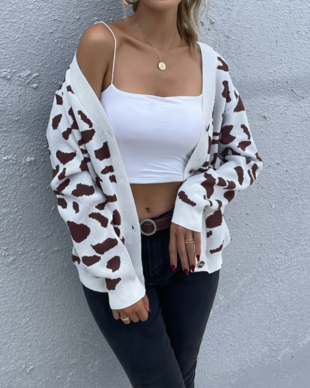 Fashion Women Leopard Long Sleeve Button Pocket Cardigans S-L