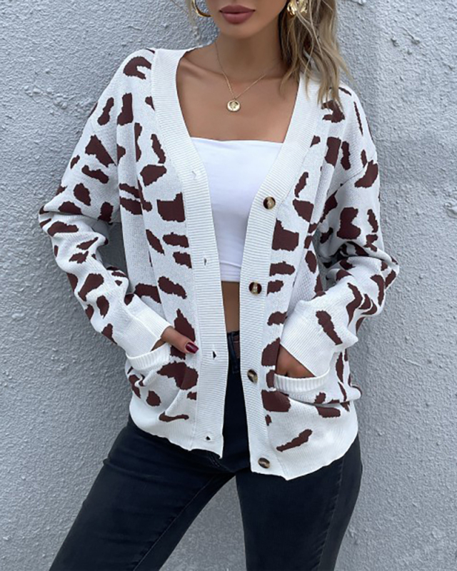 Fashion Women Leopard Long Sleeve Button Pocket Cardigans S-L