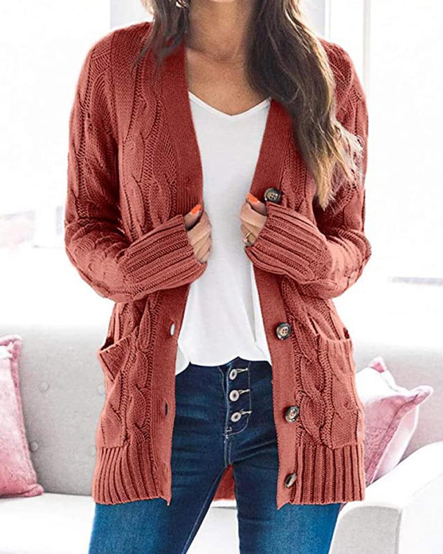 Women Trendy Solid Color V-neck Long Sleeve Sweater Cardigans S-XL