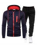 Men Zipper Colorblock Hooded Two Piece Set Black Gray Gray S-3XL 