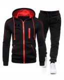 Men Zipper Colorblock Hooded Two Piece Set Black Gray Gray S-3XL 