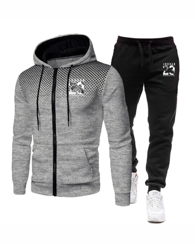 Men Hooded Street Style Zipper Two Piece Set White Red Black Blue Gray S-3XL 