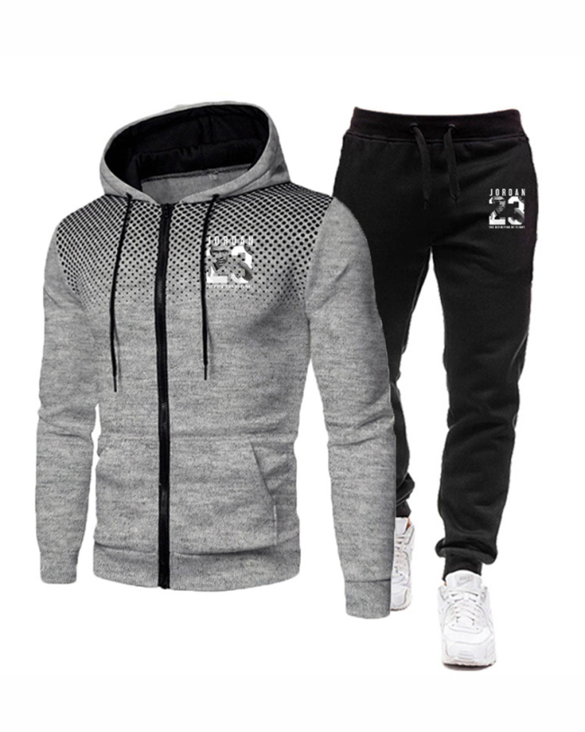 Men Hooded Street Style Zipper Two Piece Set White Red Black Blue Gray S-3XL 