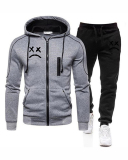 Men Zipper Colorblock Hooded Two Piece Set Black Gray Gray S-3XL 