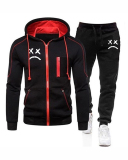 Men Zipper Colorblock Hooded Two Piece Set Black Gray Gray S-3XL 