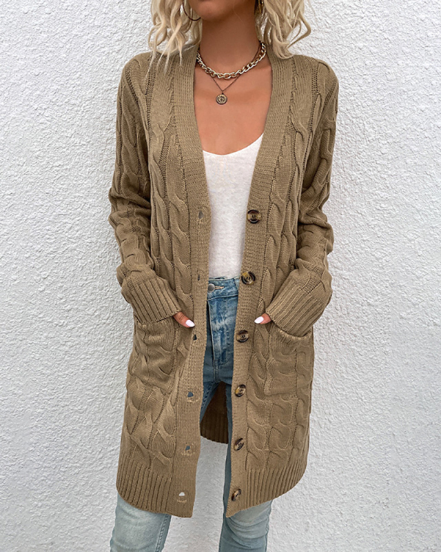  Women Trendy Solid Color V-neck Long Sleeve Buttoms Twist Sweater Cardigans Pocket S-XL