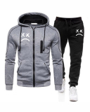 Men Zipper Colorblock Hooded Two Piece Set Black Gray Gray S-3XL 