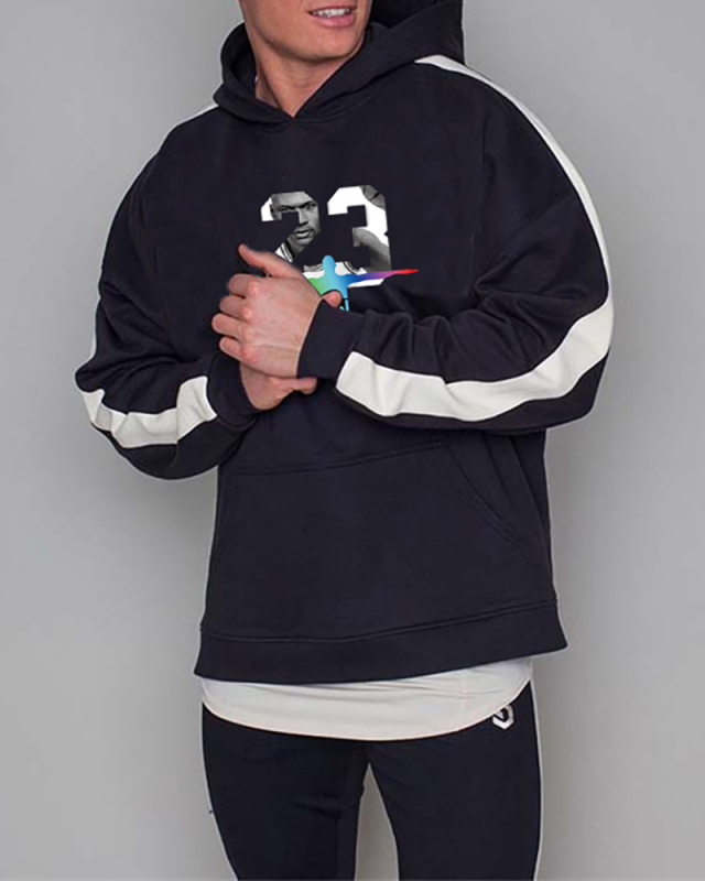 Men Printing Hooded Long Sleeve Colorblock Tops Khaki Black Red Gray S-3XL 