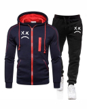 Men Zipper Colorblock Hooded Two Piece Set Black Gray Gray S-3XL 