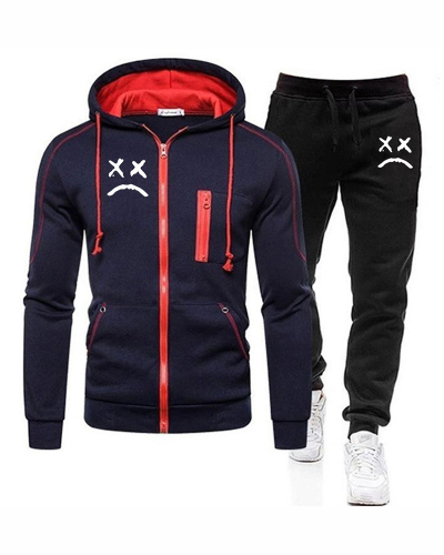 Men Zipper Colorblock Hooded Two Piece Set Black Gray Gray S-3XL 
