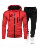 Men Zipper Colorblock Hooded Two Piece Set Black Gray Gray S-3XL 