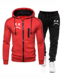 Men Zipper Colorblock Hooded Two Piece Set Black Gray Gray S-3XL 