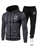 Men Hooded Street Style Zipper Two Piece Set White Red Black Blue Gray S-3XL 