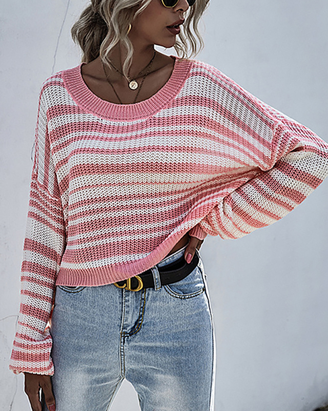 2021 Round Neck Long-Sleeved Bottoming Sweater Short Striped Sweater S-L
